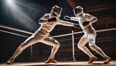 gloves,male focus,multiple boys,shoes,2boys,helmet,sportswear,boxing gloves,baseball uniform,mask,red gloves,battle,punching,duel,stadium