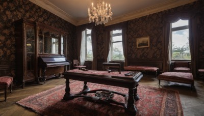 sky,day,cloud,indoors,tree,pillow,book,no humans,window,bed,chair,table,sunlight,curtains,scenery,couch,wooden floor,lamp,candle,painting (object),piano,carpet,candlestand,rug,chandelier,fireplace,book stack,tablecloth