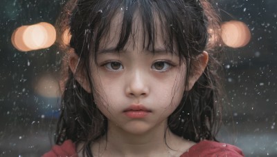 1girl,solo,long hair,looking at viewer,bangs,brown hair,black hair,brown eyes,closed mouth,blurry,lips,depth of field,blurry background,expressionless,messy hair,portrait,snow,close-up,rain,snowing,realistic,nose,bokeh,shirt,outdoors,eyelashes,night,red shirt,straight-on