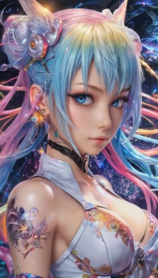 1girl,solo,long hair,breasts,looking at viewer,bangs,blue eyes,large breasts,hair ornament,cleavage,bare shoulders,jewelry,medium breasts,closed mouth,nipples,blue hair,upper body,pink hair,flower,multicolored hair,earrings,sleeveless,choker,shiny,hair flower,hair bun,two-tone hair,lips,shiny skin,eyelashes,double bun,tattoo,gradient hair,makeup,piercing,gem,freckles,realistic,nose,mascara,dress,collarbone,sidelocks,artist name,shiny hair,from side,floral print,feathers,light particles,armlet