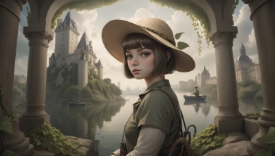 1girl,solo,breasts,looking at viewer,short hair,bangs,brown hair,shirt,black hair,long sleeves,hat,brown eyes,closed mouth,white shirt,upper body,short sleeves,outdoors,sky,day,collared shirt,looking back,cloud,blunt bangs,water,bag,black eyes,from side,tree,blue sky,lips,looking to the side,grey eyes,leaf,bob cut,cloudy sky,plant,building,scenery,sun hat,nose,straw hat,short over long sleeves,pillar,castle,statue,boat,arch,floating island,blue eyes,parted lips,fantasy,watercraft,bridge,tower