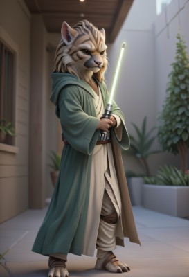 solo,1boy,holding,animal ears,brown eyes,standing,full body,weapon,male focus,belt,sword,artist name,indoors,hood,holding weapon,blurry,holding sword,plant,furry,robe,potted plant,furry male,energy sword,hooded robe,lightsaber,long sleeves,closed mouth,teeth,pants,blurry background,hood down,sheath,claws,colored sclera,furry female,whiskers,snout