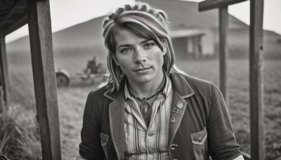 1girl,solo,long hair,looking at viewer,smile,bangs,shirt,1boy,jewelry,closed mouth,jacket,monochrome,upper body,greyscale,male focus,multicolored hair,outdoors,open clothes,striped,collared shirt,necklace,blurry,two-tone hair,open jacket,streaked hair,depth of field,blurry background,ground vehicle,motor vehicle,sleeves rolled up,freckles,striped shirt,realistic,car,earrings,teeth,artist name,signature,vest,asymmetrical bangs