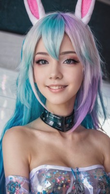 1girl,solo,long hair,breasts,looking at viewer,smile,gloves,animal ears,cleavage,bare shoulders,medium breasts,blue hair,collarbone,upper body,pink hair,white hair,multicolored hair,parted lips,teeth,choker,elbow gloves,rabbit ears,grin,black eyes,collar,two-tone hair,lips,grey eyes,eyelashes,strapless,aqua hair,gradient hair,makeup,eyeshadow,realistic,nose,mascara,hair between eyes,purple hair,see-through,fake animal ears,fangs,watermark,zipper