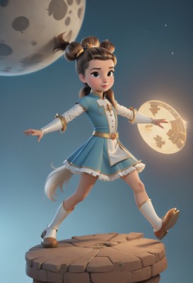 1girl,solo,long hair,smile,brown hair,black hair,hair ornament,dress,twintails,brown eyes,tail,full body,shoes,socks,dark skin,hair bun,dark-skinned female,lips,blue dress,short dress,moon,child,full moon,female child,looking at viewer,standing,boots,brown footwear,outstretched arms,spread arms,clock