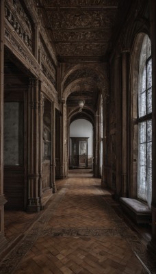 day,indoors,no humans,window,sunlight,scenery,wooden floor,stairs,door,architecture,pillar,hallway,carpet,church,arch,rug,fantasy,floor,ceiling