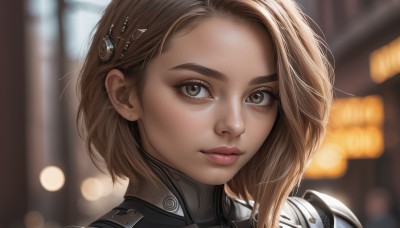 1girl,solo,looking at viewer,short hair,blonde hair,brown hair,hair ornament,brown eyes,closed mouth,hairclip,artist name,armor,blurry,lips,eyelashes,bodysuit,depth of field,blurry background,portrait,close-up,forehead,freckles,realistic,nose,backlighting,bokeh