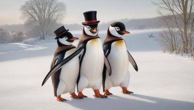 hat,standing,outdoors,day,black eyes,tree,no humans,black headwear,shadow,bird,animal,snow,top hat,animal focus,winter,bare tree,penguin,flock,simple background,white background,sky,scenery,multiple others