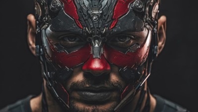 solo,looking at viewer,simple background,1boy,male focus,black eyes,mask,facial hair,dark-skinned male,helmet,black background,portrait,beard,close-up,science fiction,realistic,mustache,manly,straight-on,shiny,dark skin,armor,cyborg