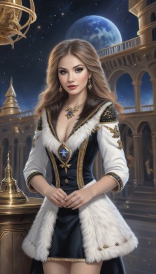 1girl,solo,long hair,breasts,looking at viewer,blue eyes,brown hair,dress,cleavage,brown eyes,jewelry,medium breasts,standing,cowboy shot,earrings,sky,necklace,lips,coat,grey eyes,fur trim,makeup,night,wavy hair,moon,own hands together,lipstick,gem,star (sky),night sky,full moon,pendant,starry sky,stairs,railing,red lips,planet,large breasts,nail polish,fingernails,ring,realistic,nose