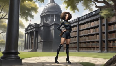 1girl,solo,breasts,looking at viewer,short hair,brown hair,black hair,thighhighs,long sleeves,brown eyes,medium breasts,standing,full body,boots,outdoors,sky,shorts,day,belt,cloud,black footwear,uniform,high heels,tree,lips,hand on hip,book,thigh boots,knee boots,high heel boots,bookshelf,big hair,library,afro,smile,dress,closed mouth,black thighhighs,makeup,short dress,grass,blue shirt,curly hair,hands on hips