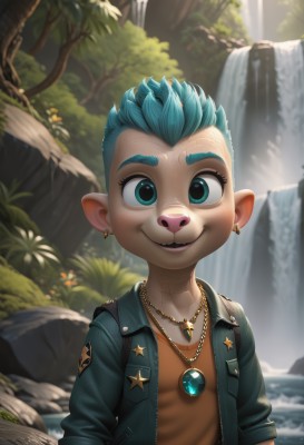 solo,looking at viewer,smile,short hair,open mouth,blue eyes,shirt,1boy,animal ears,jewelry,blue hair,jacket,upper body,male focus,earrings,outdoors,open clothes,teeth,day,pointy ears,artist name,water,necklace,blurry,aqua eyes,open jacket,tree,aqua hair,blurry background,spiked hair,child,nature,furry,pendant,freckles,furry male,male child,waterfall,green eyes,star (symbol),rock,mohawk