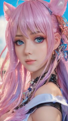 1girl,solo,long hair,breasts,looking at viewer,bangs,blue eyes,hair ornament,ribbon,animal ears,bare shoulders,jewelry,closed mouth,hair ribbon,upper body,pink hair,earrings,outdoors,sky,choker,day,shiny,cloud,cat ears,necklace,from side,blue sky,lips,eyelashes,makeup,blue ribbon,portrait,close-up,realistic,nose,mascara,ahoge,hairband,artist name