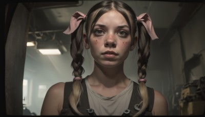 1girl,solo,long hair,looking at viewer,bangs,brown hair,shirt,ribbon,bare shoulders,twintails,brown eyes,hair ribbon,white shirt,upper body,braid,multicolored hair,sleeveless,indoors,mole,blurry,twin braids,lips,blurry background,tank top,freckles,realistic,overalls,blonde hair,black hair,parted bangs,portrait,pink ribbon,nose,dirty,dirty face