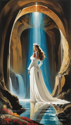 1girl,solo,long hair,breasts,looking at viewer,brown hair,long sleeves,hat,dress,bare shoulders,jewelry,standing,flower,heart,detached sleeves,pointy ears,looking back,dark skin,water,from behind,white dress,dark-skinned female,lips,wavy hair,red flower,reflection,long dress,waterfall,orange flower,makeup,rose,lipstick,curly hair,wedding dress,nurse cap,nurse