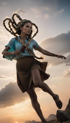 1girl,solo,long hair,skirt,brown hair,shirt,black hair,brown eyes,jewelry,full body,braid,short sleeves,outdoors,sky,cloud,dark skin,necklace,bag,twin braids,bracelet,dark-skinned female,lips,toes,sandals,blue shirt,sunset,running,brown skirt,rock,realistic,nose,anklet,sun,very dark skin,dreadlocks,multiple braids,standing,neckerchief,floating hair,sunlight,cloudy sky,wind,backlighting,mountain,cliff