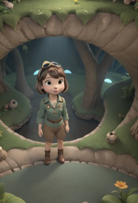 1girl,solo,smile,short hair,open mouth,brown hair,shirt,long sleeves,brown eyes,standing,full body,flower,boots,outdoors,shorts,collared shirt,belt,black eyes,tree,brown footwear,grass,bug,goggles,child,nature,forest,walking,goggles on head,rock,yellow flower,green shirt,mushroom,brown shorts,path,bow,jacket,hair ribbon,parted lips,shoes,butterfly,sleeves rolled up,green jacket