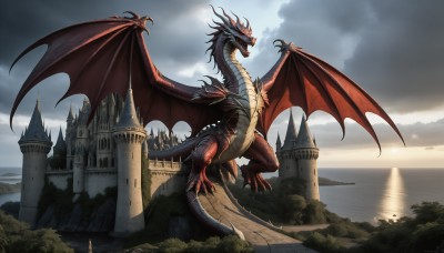 HQ,open mouth,tail,outdoors,wings,horns,sky,teeth,day,cloud,water,tree,no humans,ocean,cloudy sky,sharp teeth,scenery,claws,flying,mountain,fantasy,dragon,scales,river,castle,tower,landscape,dragon wings,solo,red eyes,glowing,sunlight,spikes,monster,light rays,city