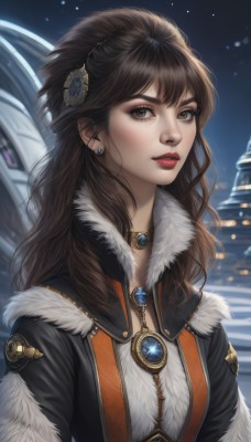 1girl,solo,long hair,breasts,looking at viewer,bangs,brown hair,hair ornament,brown eyes,jewelry,upper body,earrings,outdoors,sky,choker,necklace,blurry,lips,coat,fur trim,makeup,night,blurry background,lipstick,brooch,gem,star (sky),night sky,pendant,freckles,nose,red lips,jacket,parted lips,artist name,eyelashes,starry sky,fur collar,stairs,realistic