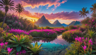 flower, outdoors, sky, cloud, water, tree, no humans, cloudy sky, grass, plant, nature, scenery, reflection, sunset, mountain, palm tree, sun, mountainous horizon