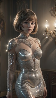 1girl,solo,breasts,looking at viewer,short hair,bangs,blue eyes,brown hair,long sleeves,dress,cleavage,jewelry,medium breasts,standing,cowboy shot,earrings,parted lips,detached sleeves,shiny,artist name,indoors,armor,blurry,lips,see-through,detached collar,bob cut,shoulder armor,gem,realistic,nose,arms at sides,candle,grey dress,brown eyes,closed mouth,light,chandelier