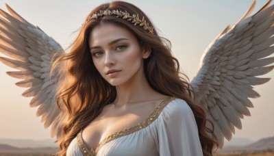 1girl,solo,long hair,breasts,looking at viewer,smile,brown hair,dress,cleavage,brown eyes,medium breasts,collarbone,upper body,outdoors,parted lips,wings,sky,white dress,blurry,lips,grey eyes,wavy hair,feathered wings,angel wings,realistic,nose,white wings,angel,head wreath,large breasts,closed mouth,day,sunlight,backlighting