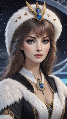 1girl,solo,long hair,breasts,looking at viewer,bangs,brown hair,hat,dress,cleavage,brown eyes,jewelry,medium breasts,upper body,parted lips,sky,artist name,necklace,lips,fur trim,eyelashes,makeup,night,crown,brooch,gem,star (sky),night sky,starry sky,freckles,realistic,nose,red lips