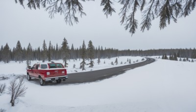 outdoors,sky,day,tree,no humans,shadow,ground vehicle,nature,scenery,motor vehicle,snow,forest,car,road,winter,vehicle focus,bare tree,grey sky,truck,pine tree,landscape