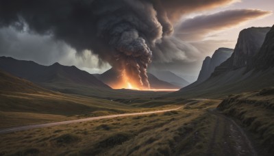 outdoors,sky,cloud,no humans,cloudy sky,grass,fire,scenery,smoke,monster,mountain,giant,landscape,mountainous horizon,molten rock,sunset