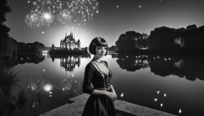 1girl,solo,breasts,looking at viewer,short hair,bangs,dress,cleavage,jewelry,medium breasts,standing,monochrome,greyscale,outdoors,sky,blunt bangs,necklace,tree,makeup,night,bob cut,own hands together,grass,bug,lipstick,butterfly,star (sky),night sky,scenery,starry sky,bush,fireworks,bridge,river,castle,aerial fireworks,water,lips,reflection,lake