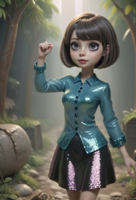 1girl,solo,breasts,looking at viewer,short hair,bangs,skirt,brown hair,shirt,long sleeves,brown eyes,standing,flower,cowboy shot,small breasts,outdoors,parted lips,day,shiny,collared shirt,black skirt,nail polish,blurry,arm up,tree,lips,fingernails,dress shirt,blood,makeup,buttons,depth of field,blurry background,leaf,sunlight,bob cut,grass,blue shirt,plant,wing collar,child,nature,red nails,forest,freckles,rock,nose,red lips,female child,mushroom,dappled sunlight,smile,pantyhose,artist name,hand up,watermark,floral print,looking up,lipstick,web address,realistic,polka dot skirt