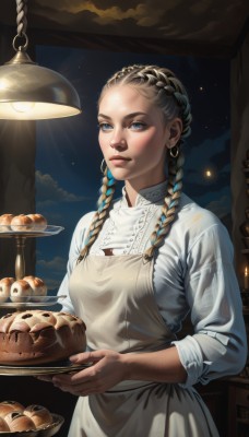 1girl,solo,long hair,breasts,looking at viewer,blue eyes,blonde hair,brown hair,black hair,long sleeves,dress,holding,jewelry,closed mouth,blue hair,upper body,braid,multicolored hair,earrings,food,sky,cloud,indoors,white dress,apron,twin braids,two-tone hair,lips,night,star (sky),night sky,hair over shoulder,plate,tray,starry sky,freckles,realistic,nose,lamp,candle,bread,light bulb,pie,shirt,standing,white shirt,artist name,fingernails,window,gradient hair,makeup,looking away,lipstick,french braid,forehead,eyeshadow,hoop earrings,pink lips,red lips,holding tray,sleeves past elbows,kappougi,multiple braids