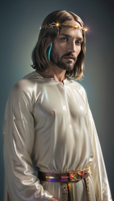 solo,looking at viewer,blue eyes,simple background,brown hair,shirt,long sleeves,1boy,jewelry,closed mouth,nipples,standing,white shirt,upper body,male focus,earrings,belt,medium hair,covered nipples,lips,see-through,gradient,gradient background,facial hair,pectorals,beard,robe,circlet,realistic,nose,mustache,arms at sides,tunic,dark skin,dark-skinned male,crown