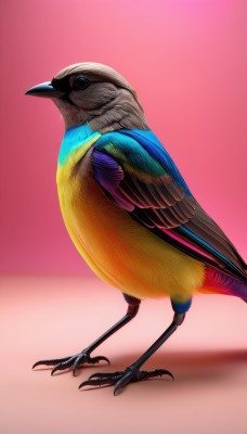 solo,simple background,standing,full body,wings,no humans,shadow,bird,animal,pink background,feathers,realistic,animal focus,talons,beak,parrot,closed mouth,gradient,gradient background,standing on one leg