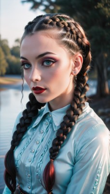 1girl,solo,long hair,breasts,looking at viewer,blue eyes,brown hair,shirt,black hair,long sleeves,jewelry,closed mouth,white shirt,upper body,braid,multicolored hair,earrings,small breasts,outdoors,parted lips,day,collared shirt,artist name,blurry,twin braids,tree,lips,eyelashes,dress shirt,makeup,buttons,depth of field,blurry background,blue shirt,lipstick,hair over shoulder,forehead,eyeshadow,freckles,realistic,nose,red lips,eyeliner,mascara,multiple braids,medium breasts,aqua eyes,sunlight,blouse