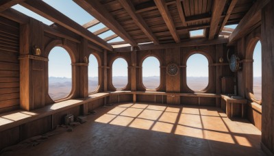 outdoors,sky,day,cloud,indoors,water,blue sky,no humans,window,shadow,sunlight,scenery,stairs,door,clock,shade,pillar,ocean,wooden floor,horizon