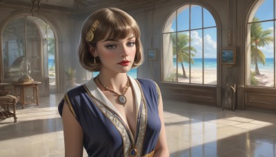 1girl,solo,breasts,looking at viewer,short hair,bangs,blue eyes,brown hair,hair ornament,dress,cleavage,jewelry,medium breasts,closed mouth,collarbone,upper body,earrings,sky,sleeveless,day,cloud,indoors,water,necklace,tree,blue sky,lips,window,makeup,blue dress,shadow,ocean,chair,beach,table,sunlight,plant,lipstick,pendant,reflection,realistic,nose,palm tree,tiles,red lips,potted plant,painting (object),smile,artist name,eyelashes,cloudy sky,gem,scenery,tile floor