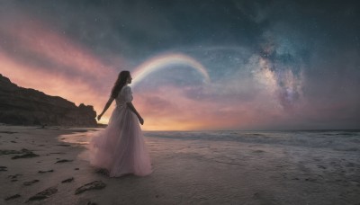 1girl,solo,long hair,brown hair,black hair,dress,standing,short sleeves,outdoors,sky,cloud,water,from behind,white dress,night,ocean,beach,moon,star (sky),night sky,scenery,starry sky,sunset,sand,horizon,crescent moon,shore,puffy sleeves,star (symbol),rock,long dress,space,wide shot,planet