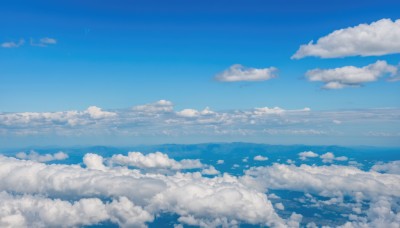 monochrome,outdoors,sky,day,cloud,blue sky,no humans,ocean,cloudy sky,scenery,blue theme,mountain,horizon,landscape,above clouds,water