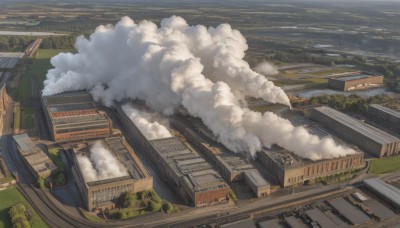 outdoors,sky,day,cloud,tree,no humans,from above,grass,ground vehicle,building,nature,scenery,smoke,mountain,city,road,cityscape,architecture,bridge,river,landscape,train,water,motor vehicle,forest,stairs,watercraft,house,railroad tracks