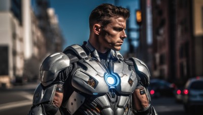 solo,brown hair,1boy,closed eyes,upper body,male focus,outdoors,dark skin,armor,blurry,blurry background,dark-skinned male,ground vehicle,building,motor vehicle,science fiction,city,realistic,car,cyborg,dirty,power armor,short hair,bodysuit,muscular,scar,serious,android,road,very short hair,shoulder pads,street,cyberpunk