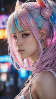 1girl,solo,long hair,breasts,looking at viewer,open mouth,bangs,hair ornament,bare shoulders,twintails,jewelry,blue hair,upper body,pink hair,multicolored hair,earrings,parted lips,teeth,choker,blurry,from side,two-tone hair,lips,streaked hair,grey eyes,makeup,blurry background,portrait,realistic,nose,animal ears,artist name,virtual youtuber,necklace,black eyes,eyelashes,depth of field,fake animal ears,bokeh