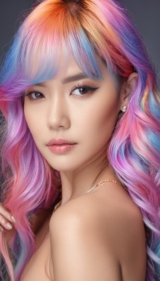 1girl,solo,long hair,breasts,looking at viewer,bangs,blue eyes,bare shoulders,brown eyes,jewelry,medium breasts,closed mouth,blue hair,upper body,pink hair,purple hair,multicolored hair,earrings,necklace,from side,two-tone hair,lips,looking to the side,eyelashes,gradient hair,makeup,portrait,realistic,nose,rainbow hair,simple background,parted lips,nail polish,orange hair,fingernails,sideboob,wavy hair,eyeshadow