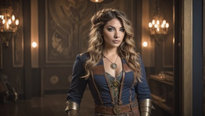 1girl,solo,long hair,breasts,looking at viewer,blonde hair,brown hair,shirt,black hair,cleavage,brown eyes,jewelry,medium breasts,upper body,multicolored hair,belt,indoors,necklace,armor,blurry,two-tone hair,lips,eyelashes,makeup,wavy hair,gauntlets,buckle,pendant,curly hair,belt buckle,nose,brown belt,candle,leather,blue eyes,parted lips,realistic