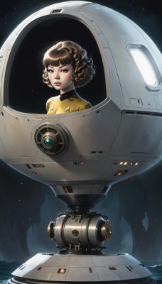 1girl,solo,looking at viewer,short hair,bangs,brown hair,brown eyes,signature,lips,bodysuit,turtleneck,robot,star (sky),science fiction,curly hair,realistic,nose,pilot suit,space,spacecraft,spacesuit,yellow bodysuit,upper body,water,watermark,machinery,planet