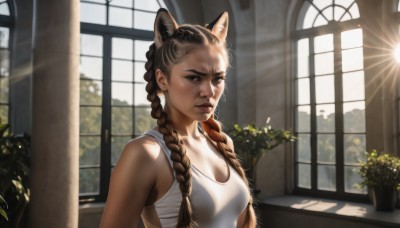 1girl,solo,long hair,breasts,looking at viewer,brown hair,animal ears,cleavage,bare shoulders,brown eyes,medium breasts,closed mouth,upper body,braid,earrings,day,artist name,indoors,cat ears,twin braids,lips,window,sunlight,tank top,plant,hair over shoulder,freckles,realistic,nose,potted plant,white tank top,shirt,collarbone,small breasts,bra,mole,animal ear fluff,extra ears,forehead,backlighting,mole on breast,light rays