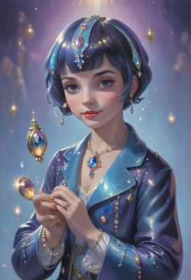 1girl,solo,breasts,looking at viewer,blush,smile,short hair,bangs,blue eyes,shirt,black hair,hair ornament,long sleeves,dress,holding,cleavage,jewelry,closed mouth,blue hair,collarbone,jacket,upper body,hairband,earrings,small breasts,shiny,artist name,necklace,blurry,bracelet,lips,hands up,eyelashes,sparkle,makeup,buttons,depth of field,blurry background,blue dress,blue background,ring,lipstick,blue jacket,gem,light particles,pendant,eyeshadow,freckles,beads,gold trim,crystal,glint,nose,red lips,gold,blue gemstone,mascara,green gemstone,pearl (gemstone),holding jewelry,formal,realistic