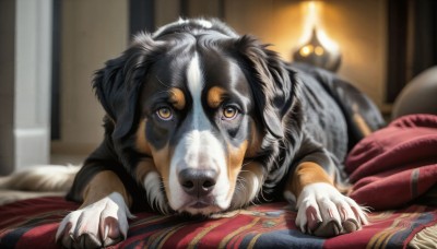 HQ,looking at viewer,brown eyes,yellow eyes,lying,indoors,blurry,pillow,no humans,bed,depth of field,blurry background,animal,on stomach,claws,dog,realistic,blanket,animal focus,solo,closed mouth,on bed