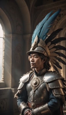 solo,brown hair,gloves,1boy,hat,brown eyes,closed mouth,standing,upper body,male focus,indoors,cape,armor,facial hair,sunlight,helmet,own hands together,feathers,shoulder armor,gauntlets,brown gloves,pauldrons,breastplate,realistic,hat feather,full armor,plume,chainmail