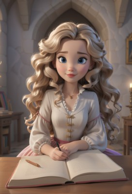 1girl,solo,long hair,breasts,looking at viewer,smile,blue eyes,blonde hair,shirt,long sleeves,dress,jewelry,sitting,closed mouth,collarbone,white shirt,upper body,small breasts,frills,artist name,indoors,necklace,blurry,lips,book,eyelashes,makeup,wavy hair,chair,table,blouse,forehead,desk,pendant,freckles,curly hair,open book,bookshelf,candle,pencil,candlestand,blush,holding,puffy sleeves,blurry background,watermark,sunlight,frilled sleeves,pink lips,nose,red lips,pen,library,holding pencil